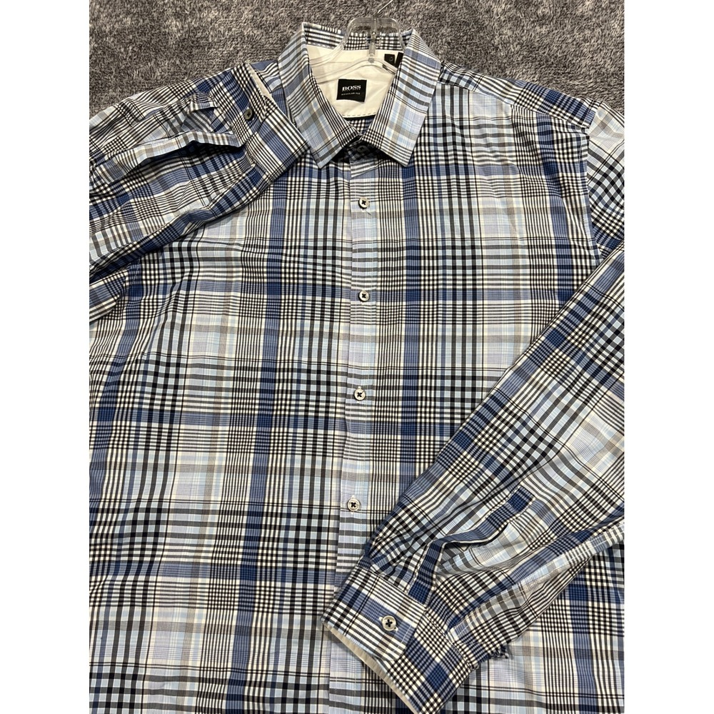 Hugo Boss Mens XL Regular Fit Plaid Button Down Shirt Blue White Cotton AS IS